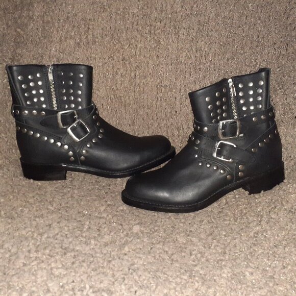 BOULET-Engineer Biker Boot-Black Leather-Studded-Side Zip-Buckle Strap-Sz 10-NEW - Picture 1 of 9